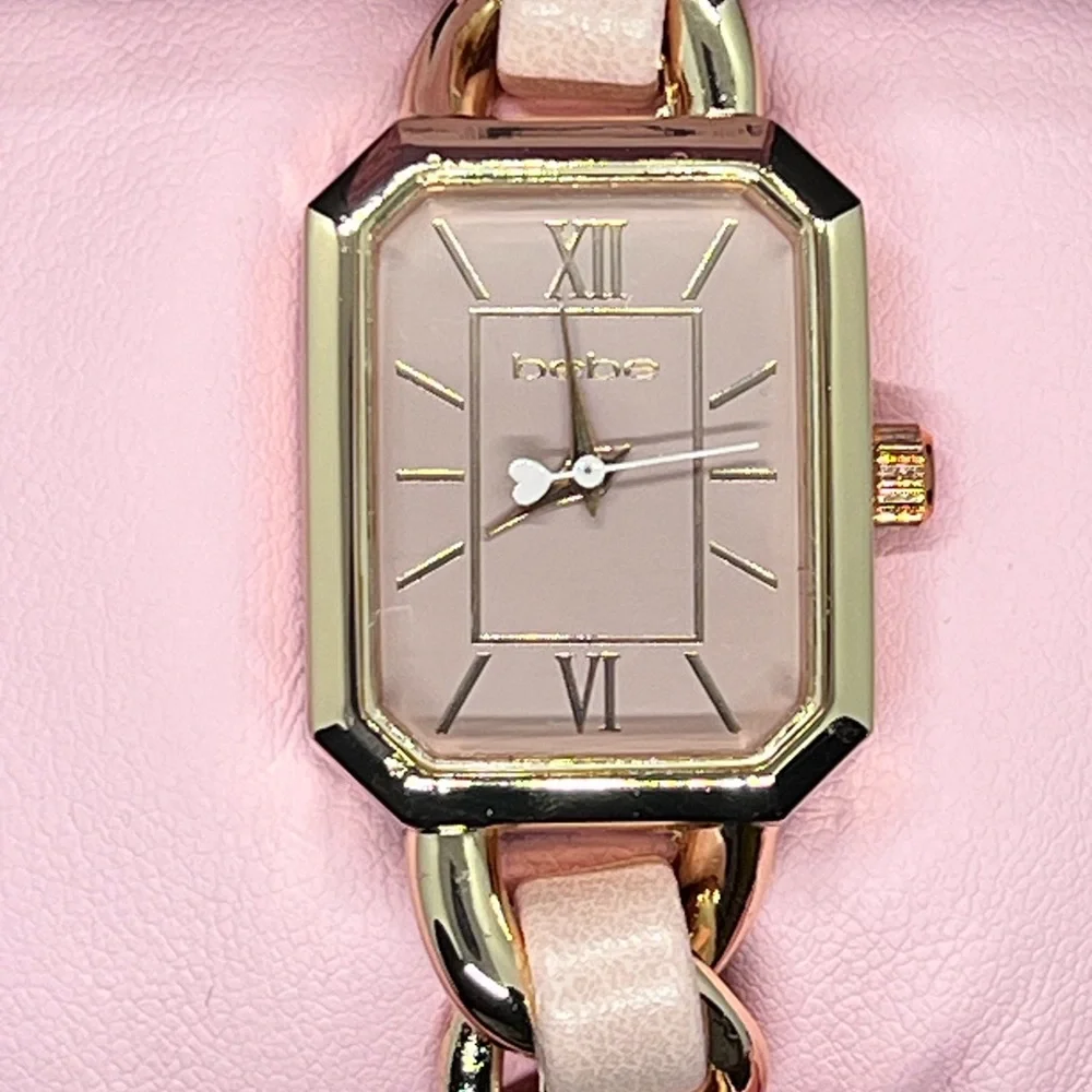 NWT bebe BABY PINK STRAP AND ROSEGOLD METAL CHAIN LINK BRACELET WATCH - Picture 9 of 12